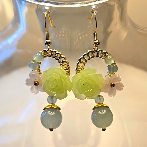 Agate Dangle Earrings Natural Gemstones Resin Shell Flowers Nickel-Free Copper - Picture 1 of 9